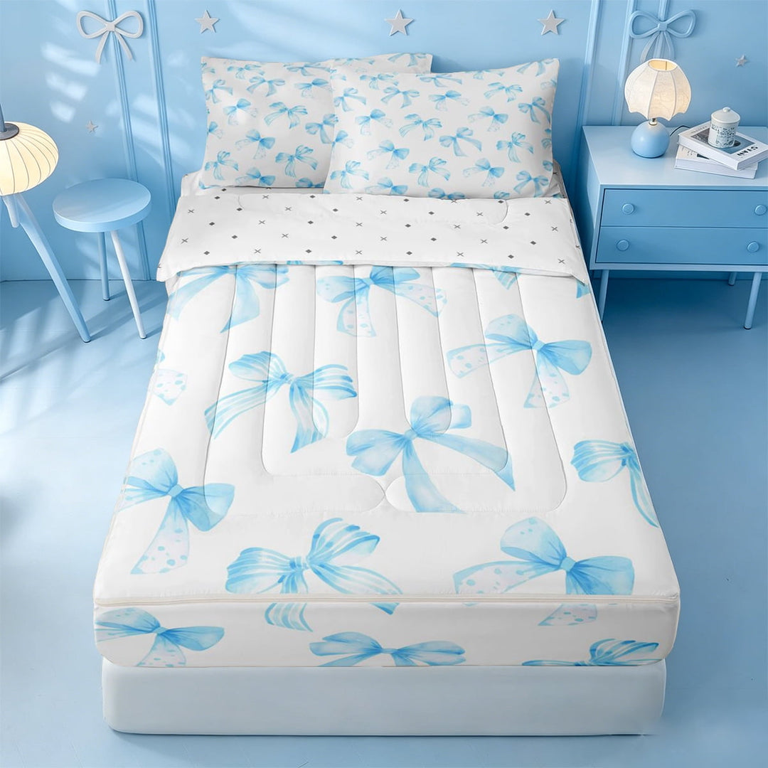 meiyoeat Blue Coquette Bows Zipper Twin Comforter Sets with Fitted Sheet and 2 Pillowcases For Girls,Dreamy Princess Bowknot Zipper Bedding Set For Kids,Reversible,4-Piece