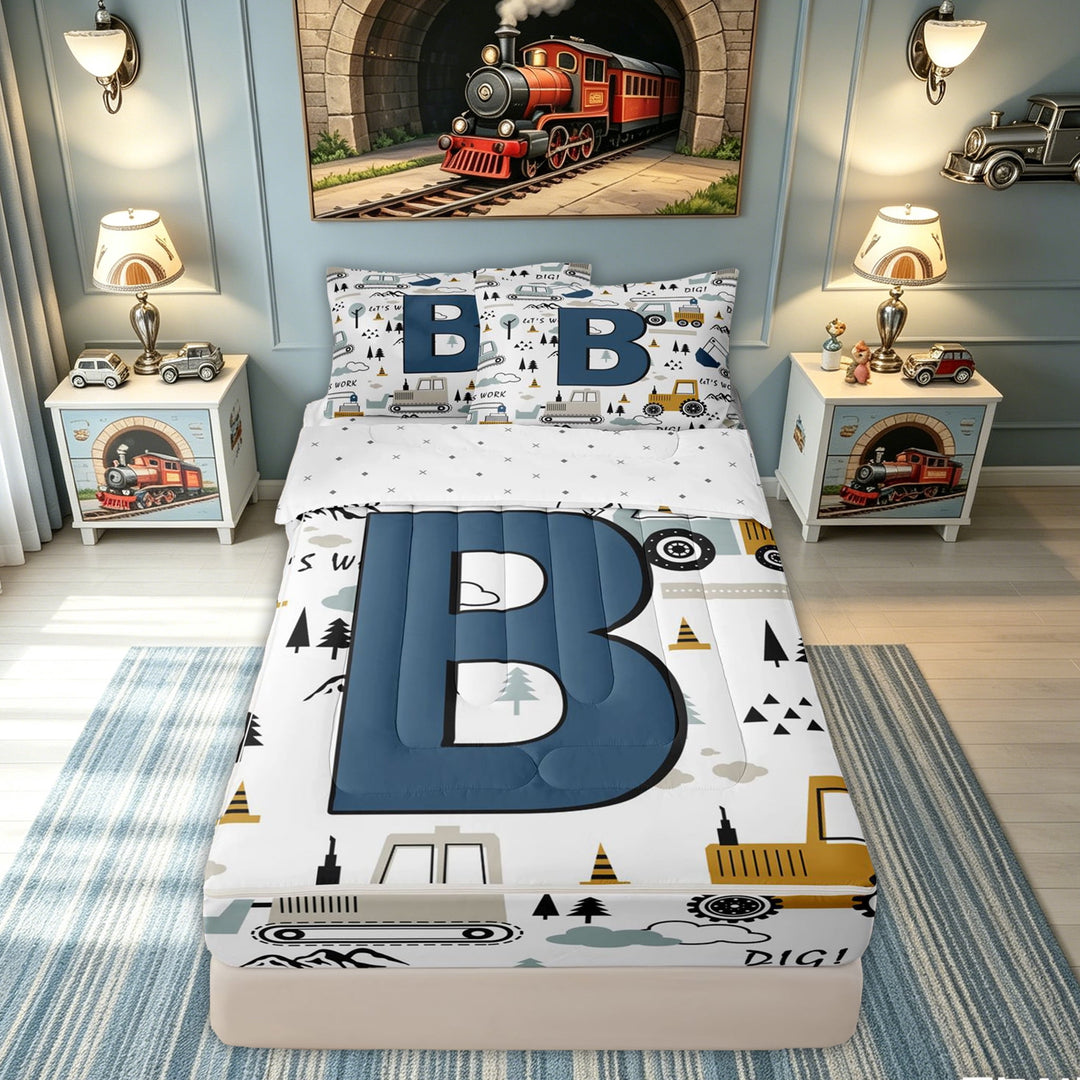 meiyoeat Construction Letter B Zipper Comforter Set with Fitted Sheet and 2 Pillowcases for Kids, Cartoon Truck Print Zipper Bedding Set for Kids, Blue, Reversible, 3-Piece