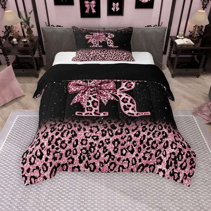 Erosebridal Cute Pink Leopard Print Twin Comforter Sets for Girls, Bowknot Letter R Bedding Set, Black Reversible 2pcs, 1 Comforter and 1 Pillowcase
