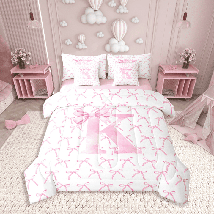 Erosebridal Monogrammed Bow Tie Bedding Sets Twin Size,Dreamy Princess Comforter Sets with Sheets,Letter Bedroom Decor,Reversible,7pcs