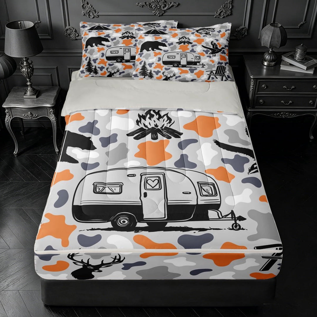 meiyoeat Gray Camo Print Zipper Full Size Comforter Sets with Fitted Sheet and 2 Pillowcases,Wildlife Happy Camping Zipper Bedding Set For Boys,Light Gray Reversible,4-Piece