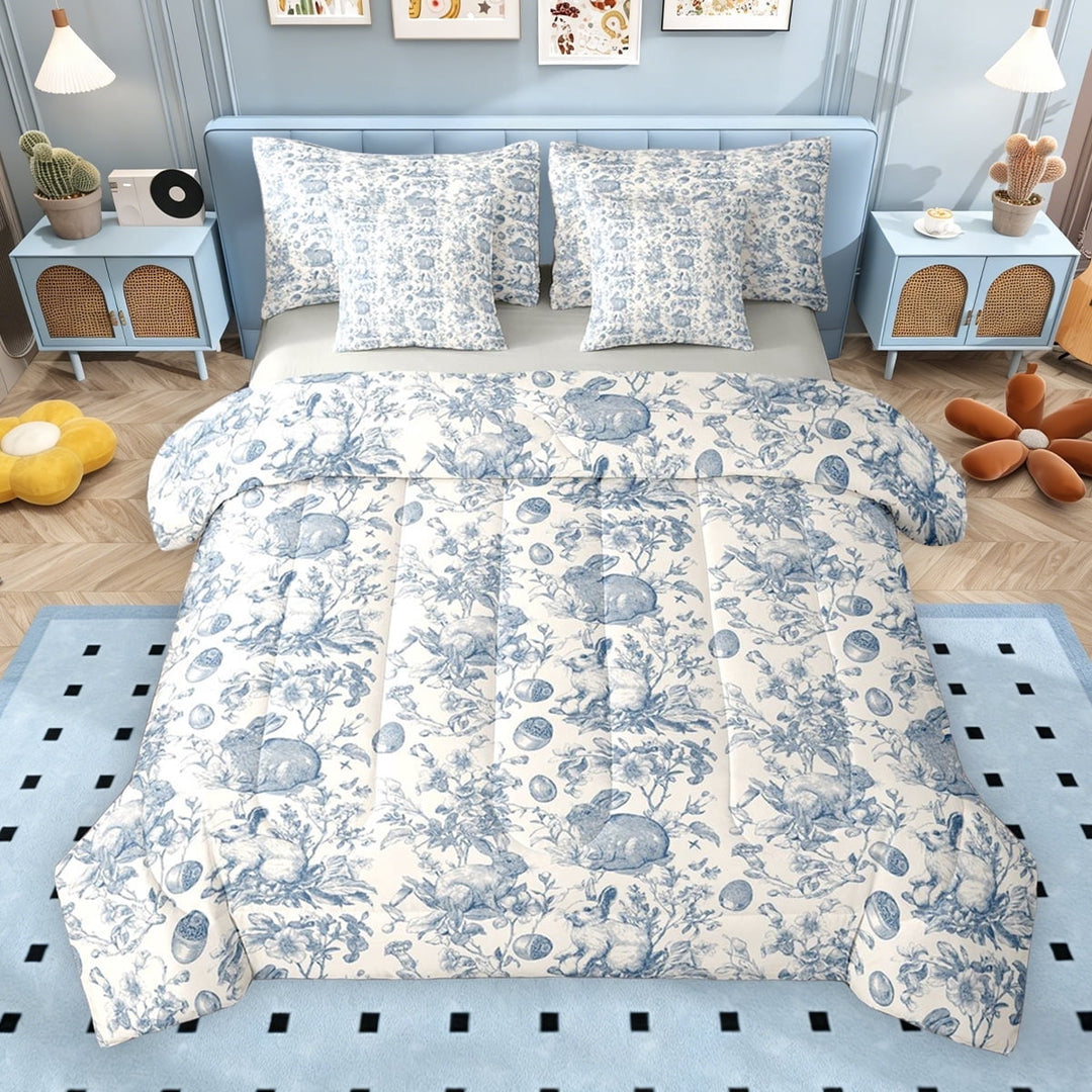 Erosebridal Vintage Rabbit Bedding Comforter Set for Kids, Blue Beige Full Bedding Set, Gray Reversible, 7-Piece