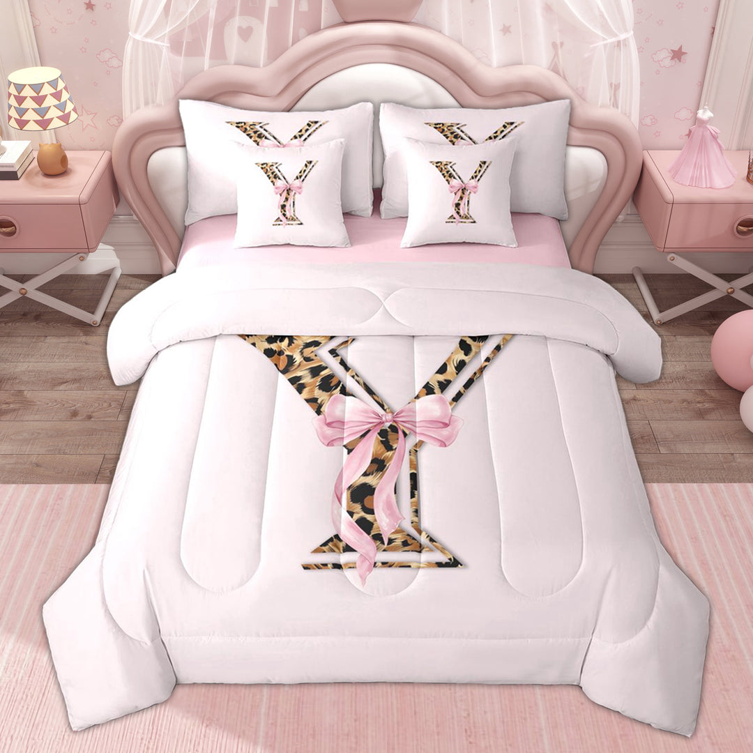 Erosebridal Cute Monogrammed Y Bedding Comforter Set for Kids, Pink Cheetah Print Queen Bedding Sets, 7-Piece