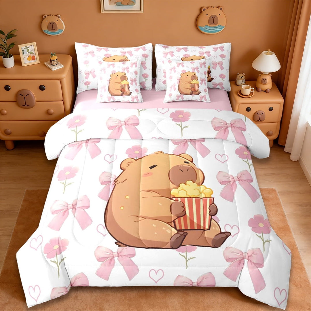 Erosebridal Kids Pink Bownot 7-Piece Twin Bedding Sets For Bows Girls,Brown Capybara Bedding Comforter Set For Capybara Lovers ,Reversible Pink
