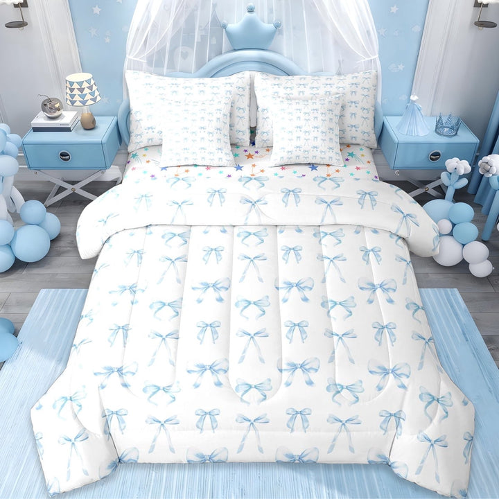 Erosebridal Blue Bows 7-Piece Twin Bedding Sets For Bowknot Girl,Chic Princess Bowtie Bedding Comforter Set,Reversible