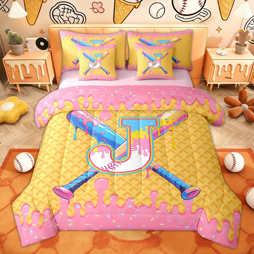 Erosebridal Girly Pink J Letter Twin Bedding Sets for Kid, Ice Cream Baseball Bedding Comforter Set, 7pcs