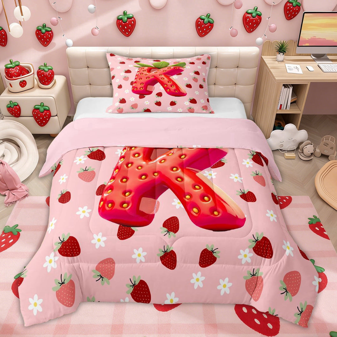 Erosebridal Strawberry Letter K Twin Comforter Sets for Kids, Pink Flower Floral Bedding Set, Pink Reversible, 2-Piece
