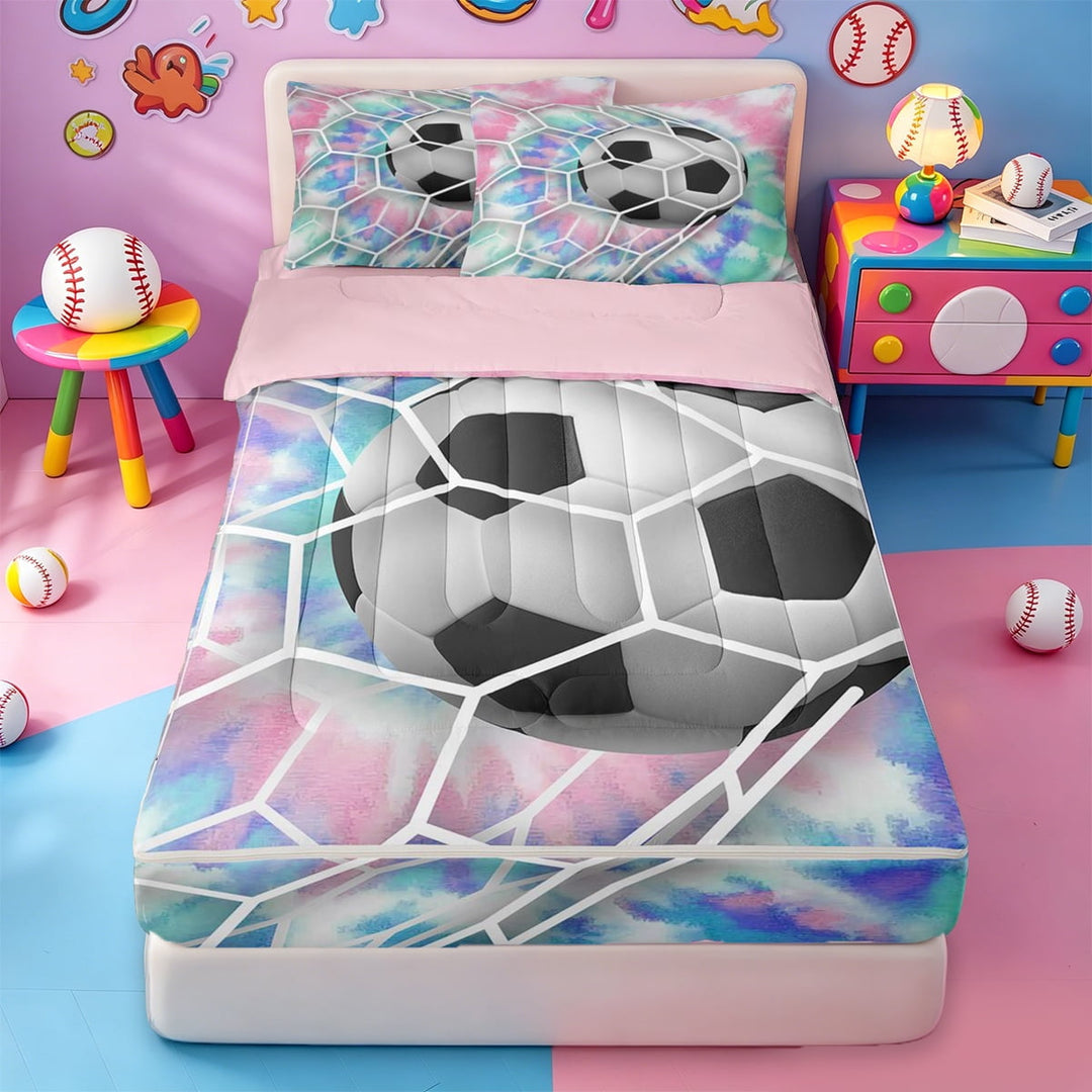 meiyoeat Watercolor Tie-Dye Zipper Twin Comforter Sets with Fitted Sheet and 2 Pillowcases For Girls,Football Games Theme Zipper Bedding Set For Kids,Pink Reversible,4-Piece