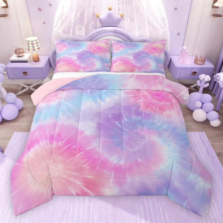 Erosebridal Rainbow Tie Dye Full Size Comforter Sets for Girls, Purple Pink Bedding Sets, Pink Reversible, 1 Comforter and 2 Pillowcases