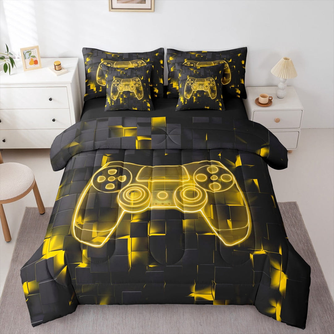 Gaming Comforter For Twin Size Bed, Modern Gamer Fitted Sheet Teens, Neon Geometry Plaid Flat Sheet Video Game Pillow Cases For Game Lovers, Yellow Black Throw Pillow Covers