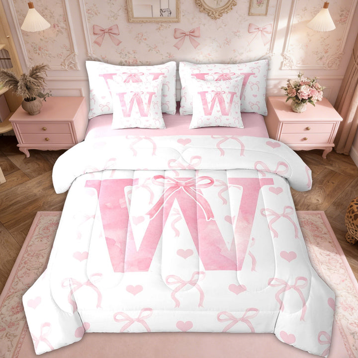 Erosebridal Initial W Letter Bedding Twin Size, Cute Bowknot Bed in a Bag Twin size, Dreamy Princess Decor, Reversible 7pcs