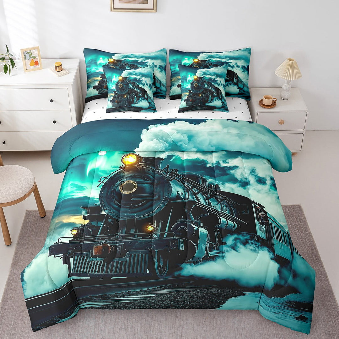 Retro Steam Engine Twin Bed In A Bag Train Railway Track 7 Pieces Comforter Set,Vintage Car Bedding Set Vehicles Moon Turquoise Comforter Bedroom Decor,Soft