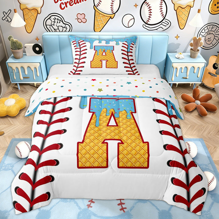 Erosebridal Initial A Letter Kid Twin Comforter Sets, Blue Ice Cream Baseball Bedding Set, 2pcs