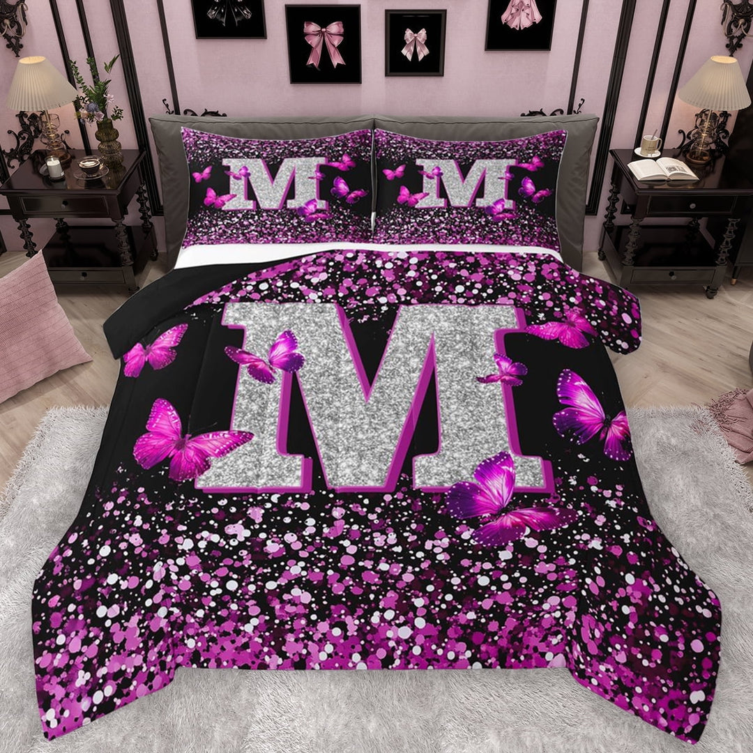 Feelyou Glitter Letter M Full Size Comforter Sets for Girls, Dreamy Kawaii Butterfly Bedding Comforter Set, Fashion Romantic Reversible Bedding Sets, Super Cozy Room Decor, 3pcs