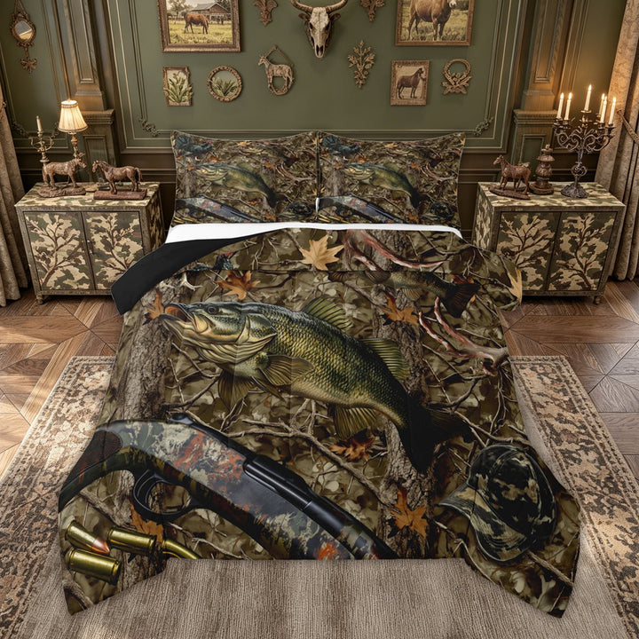meiyoeat Farmhouse Outdoor Hunting Full Size Comforter Sets for Men Boys, Camo Forest Branches Bedding Comforter Set, Brown Green, Black Reversible, 3-Piece, 1 Comforter and 2 Pillowcases
