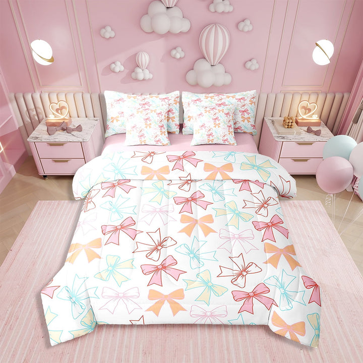 Erosebridal Pink Bowknot 7 Pieces Bedding Set Kawaii Bow Twin Comforter Set with Sheets Room Decor Princess Bed in a Bag Colorful Bow Knot Bed Set