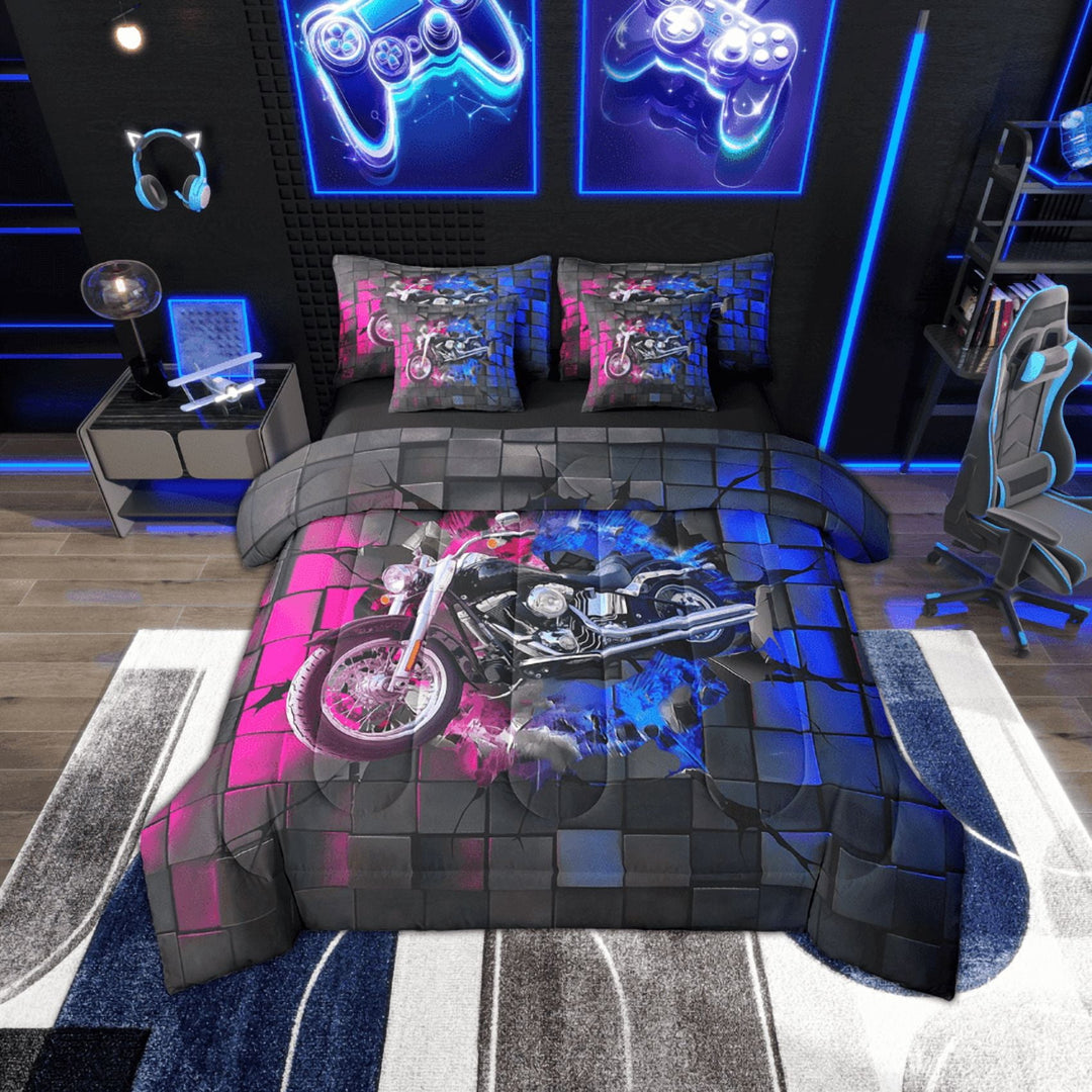 Erosebridal Dirt Bike Bedding Sets Twin Size,Geometric Buffalo Comforter Sets with Sheets,Blue Pink Bed in a Bag Twin size,Lightweight Motorcycle Room Decoration,Reversible,7-Piece