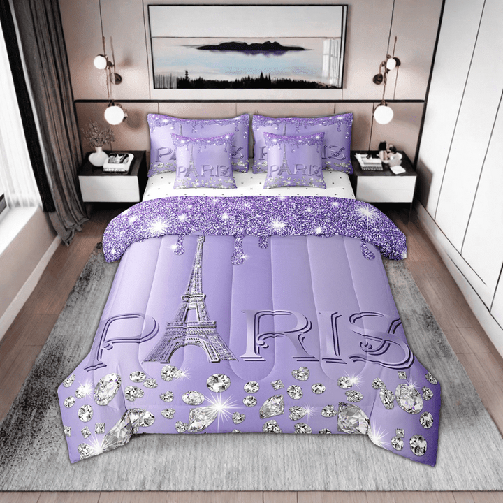 Erosebridal Purple Paris Comforter Set King,Eiffel Tower Bed in A Bag,Girly Sparkles Diamond Bedding Sets,(Not Real) Sequins Reversible Bed Sets with Sheet Set Bedroom Decor,7 Pcs