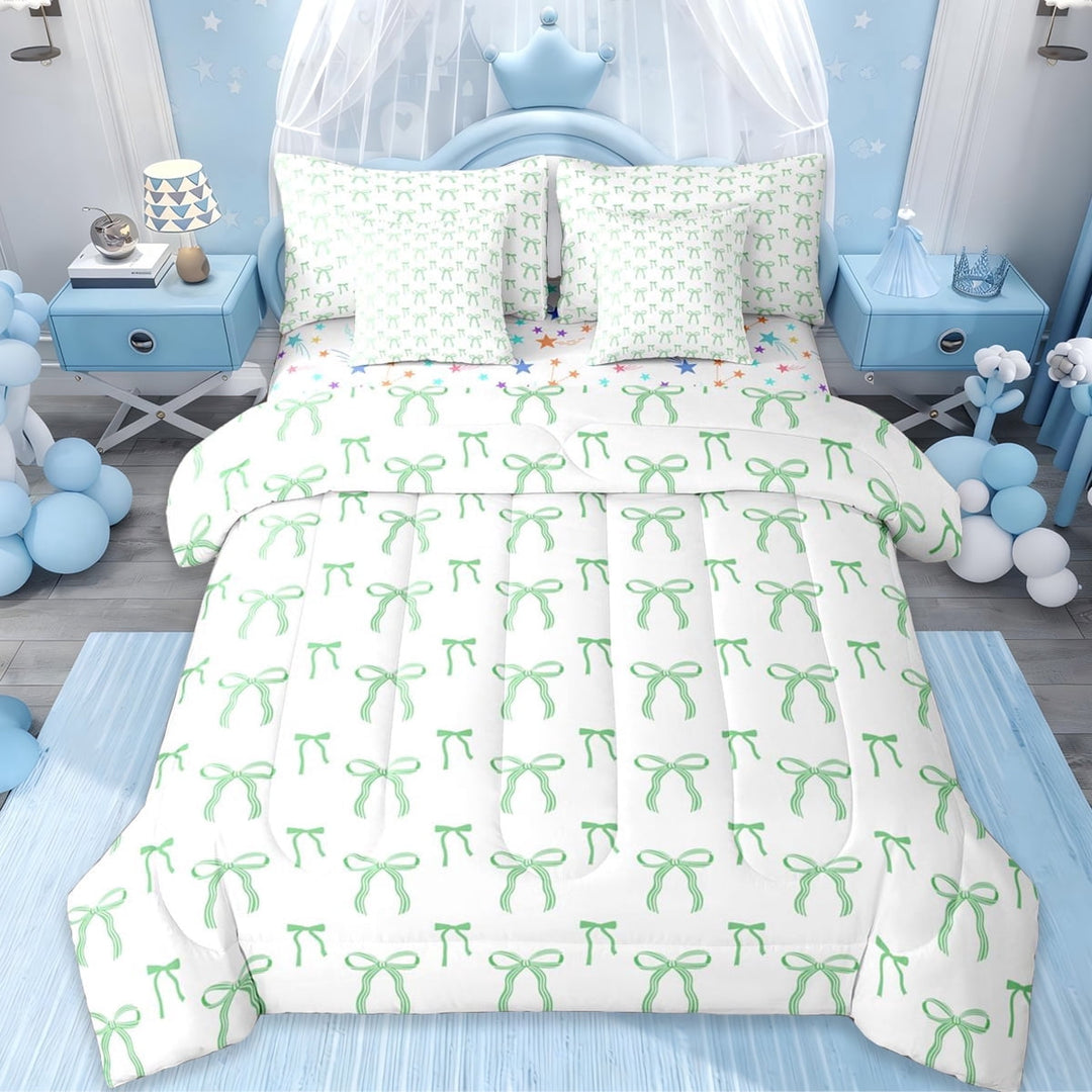 Erosebridal Ribbon Bow 7-Piece Twin Bedding Sets For Girls Teens,Cartoon Girly Bowknot Bedding Comforter Set,Green White,Reversible