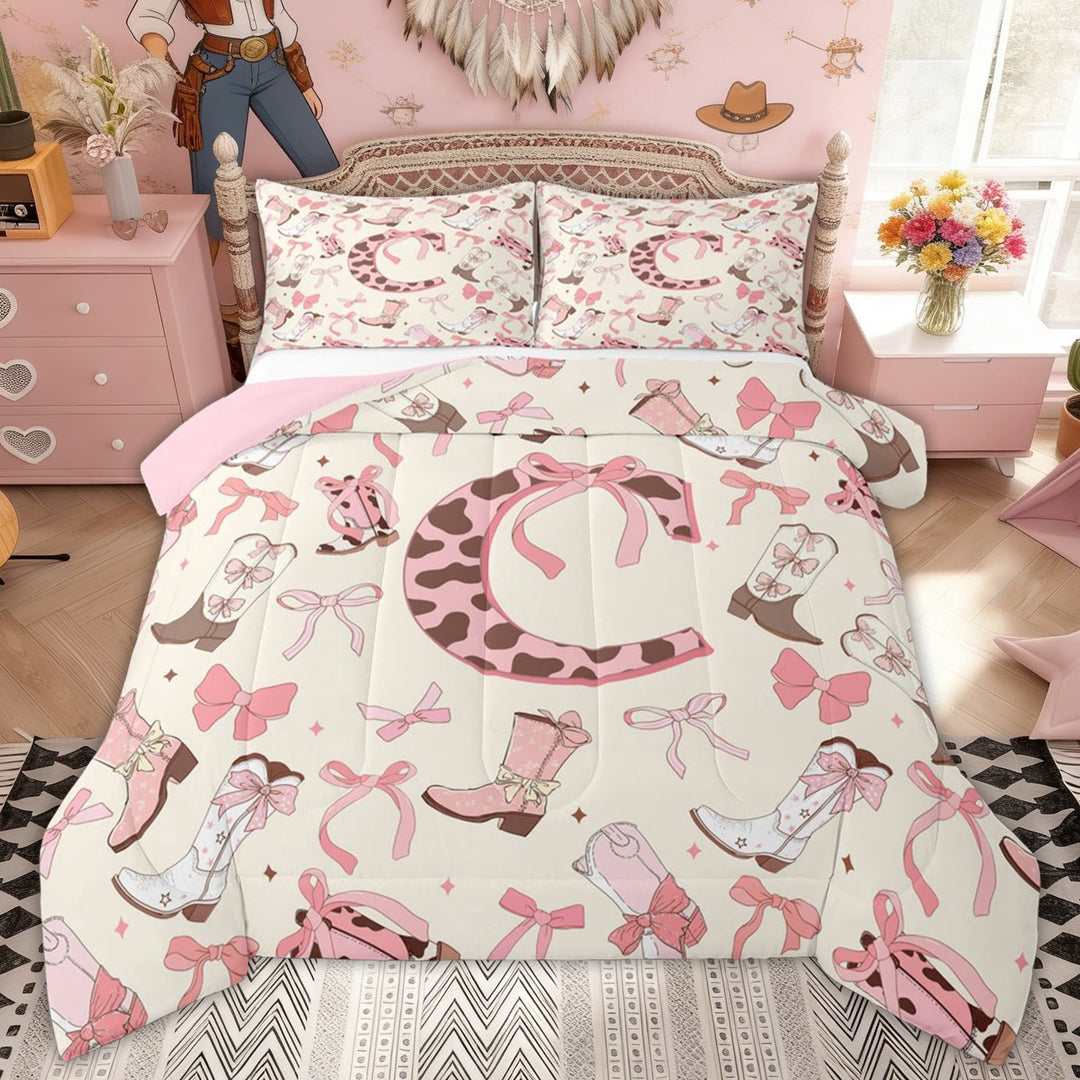 Erosebridal Pink Beige Bowknot Letter C Full Size Comforter Sets, Western Cowgirl Boot Bedding Sets for Girls, Pink Reversible, 3pcs