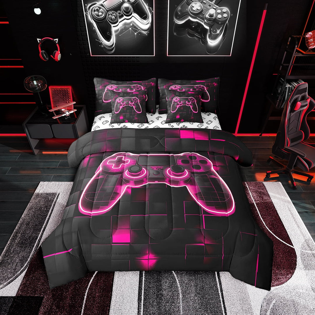 Gaming Comforter Teen 7 Piece Bed in A Bag Gamer Comforter Twin Size Neon Gaming Bedding Bed Comforter Set Reversible Bed Sets with Sheet Set Bedroom Decor