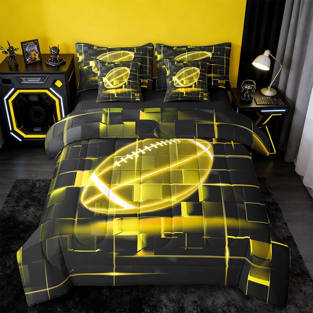 Erosebridal Geometric Geometry Checkered Bedding Sets Twin Size,American Football Game Comforter Sets with Sheets,Yellow Black Bed in a Bag Twin Size,Super Cozy Room Decoration Reversible,7-Piece