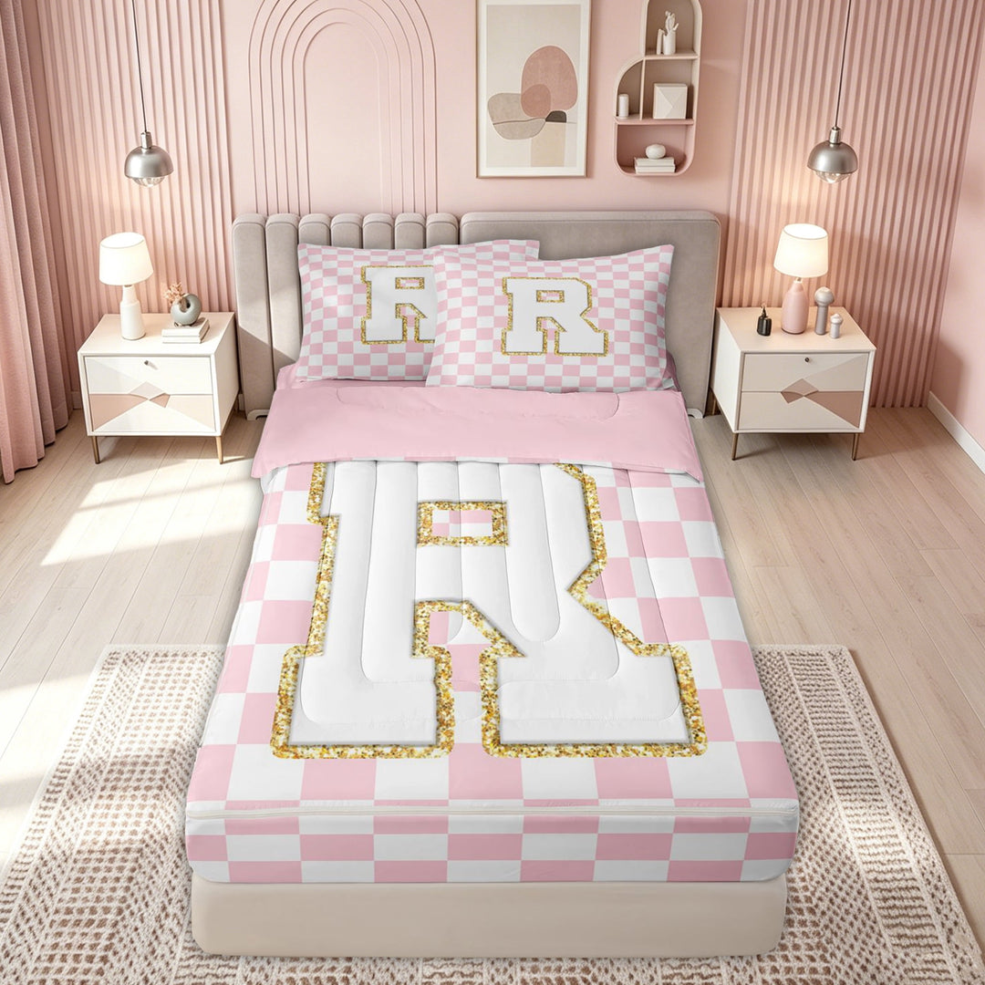 meiyoeat Glitter Print Letter R Zipper Twin Comforter Sets with Fitted Sheet and 2 Pillowcases for Kids, Fashion Buffalo Zipper Bedding Set for Bedroom, Gold, Pink Reversible, 4 Pieces