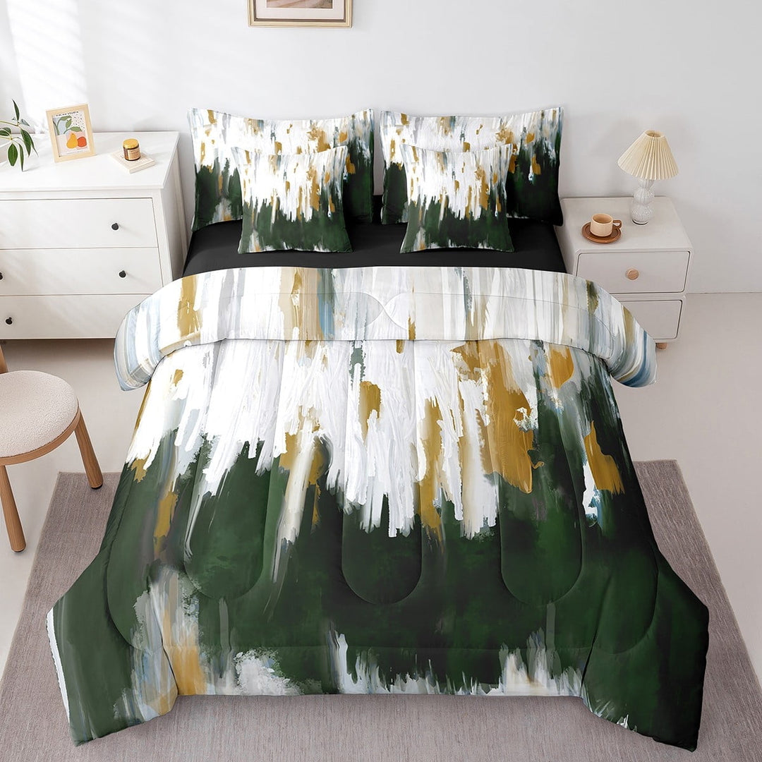 Oil Painting King Bedding Sets 7pcs Emerald Green Ombre Bed in a Bag with Flat Sheet and Fitted Sheet, Watercolor Comforter Set (Black Reversible) with Pillowcases and Throw Pillow Covers