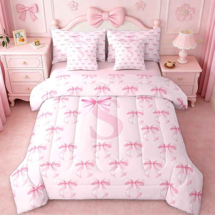 Erosebridal Pink Dreamy Princess Bow 7-Piece Twin Bedding Sets For Kids,Coquette Bowtie Letter S Monogram Bedding Comforter Set,Pink Reversible