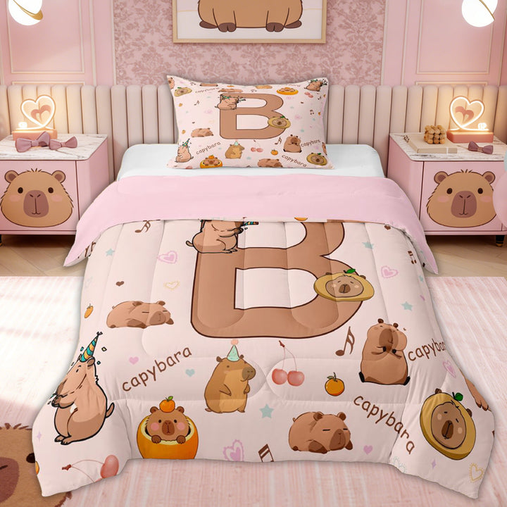 Erosebridal Cute Capybara Kid Twin Comforter Sets, Brown Letter B Bedding Set, 2-Piece, Pink Reversible