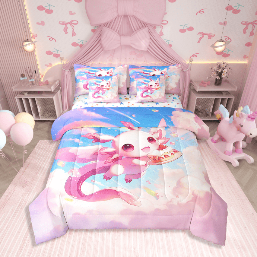 Erosebridal Kawaii Axolotl Bedding Sets Twin Size,Dreamy Princess Comforter Sets With Sheets,Bedroom Decor,Reversible,Breathable,7Pcs