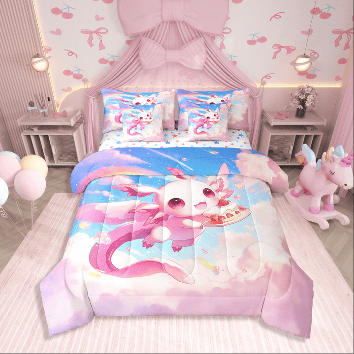 Erosebridal Kawaii Axolotl Bedding Sets Twin Size,Dreamy Princess Comforter Sets With Sheets,Bedroom Decor,Reversible,Breathable,7Pcs