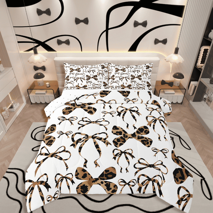 Manfei Cartoon Bow Tie 3-Piece Full Size Comforter Sets,Leopard Print Bedding Comforter Set,Dreamy Princess Bedding Sets,Ultra Soft Cute Room Decorative,Reversible