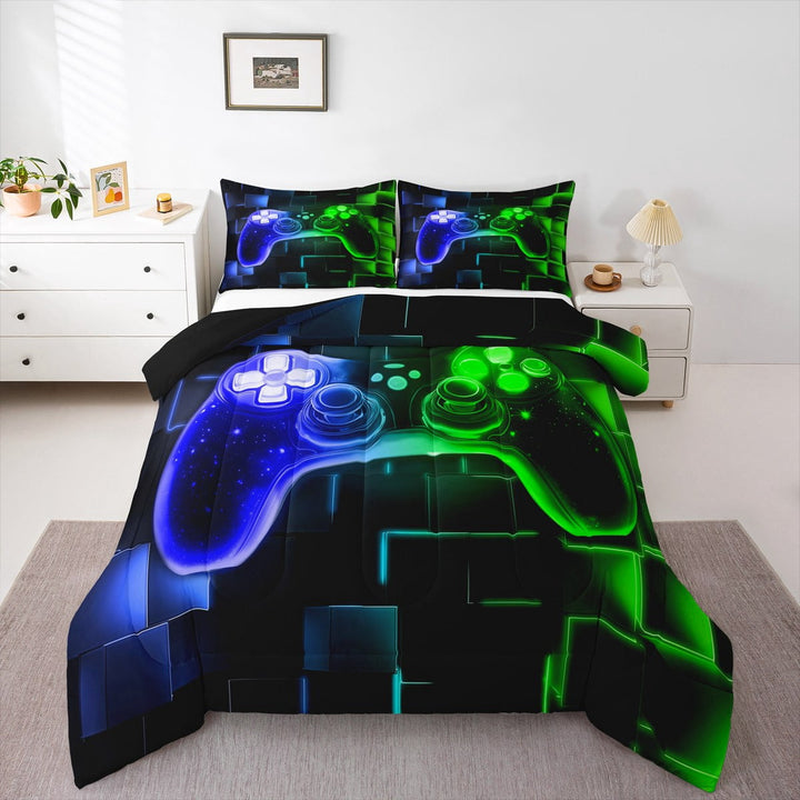 Erosebridal Gamer Comforter Set Twin,Gaming Bedding,Video Games Gamepad Bedding Comforter Sets Neon Glowing Square Geometric Grid Blue Green Bedroom Decor Duvet Insert