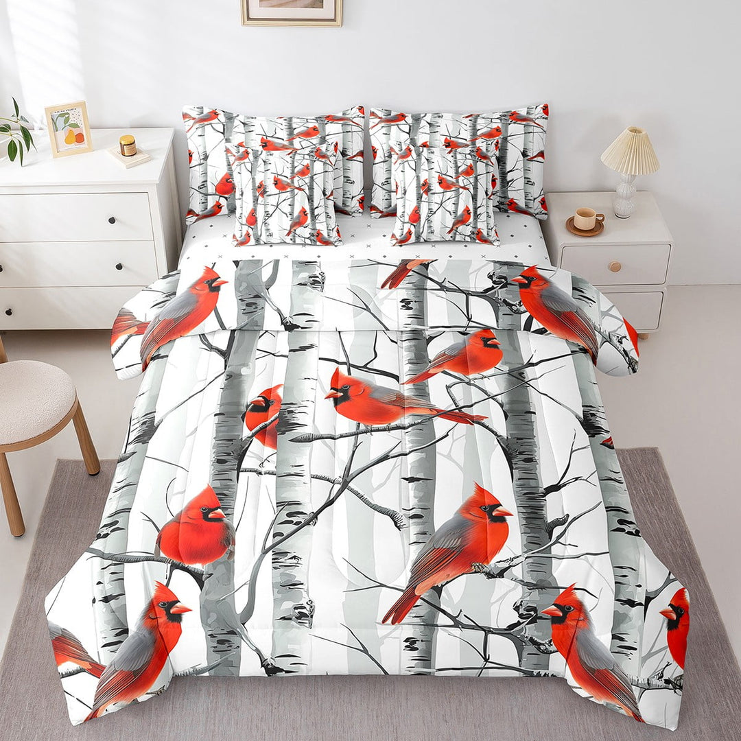 Christmas Cardinal Comforter Set Full Size,Watercolor Birds Bedding Set Teens,Merry Christmas (Comforter+Fitted+Flat Sheet+2 Pillowcases+2 Throw Pillow Covers) 7 Pieces Bed Set