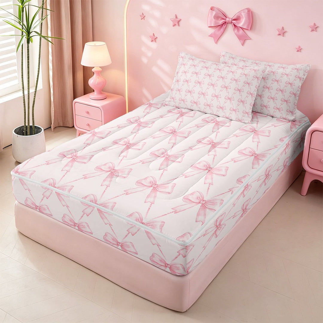 meiyoeat Pink Coquette Bows Zipper Twin Comforter Sets with Fitted Sheet and 2 Pillowcases For Girls,Dreamy Princess Bowknot Zipper Bedding Set For Kids,Pink Reversible,4-Piece