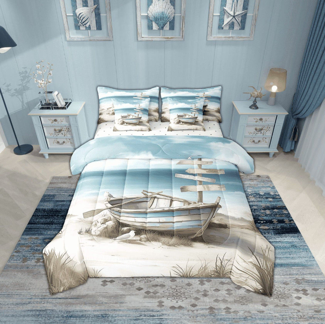 Erosebridal Ocean Beach Bedding Sets Twin Size,Marine Boat Comforter Sets with Sheets,Teenager Bedroom Decor,Reversible,Breathable,7pcs