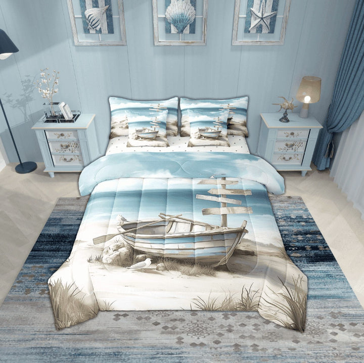 Erosebridal Ocean Beach Bedding Sets Twin Size,Marine Boat Comforter Sets with Sheets,Teenager Bedroom Decor,Reversible,Breathable,7pcs