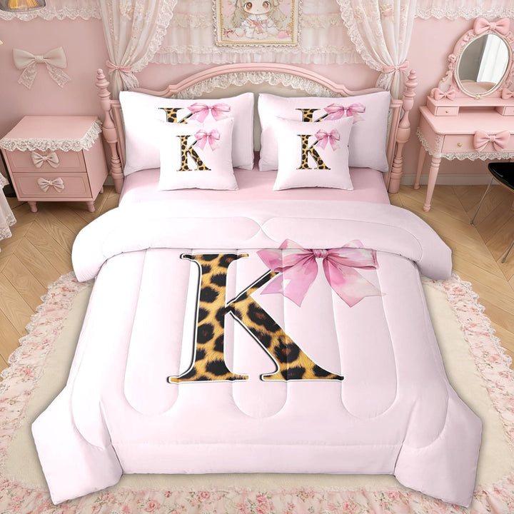 Erosebridal Princess Pink Bow Twin Bedding Sets, Cartoon Initial K Bedding Comforter Set for Girls Kids, Pink Reversible, 7pcs