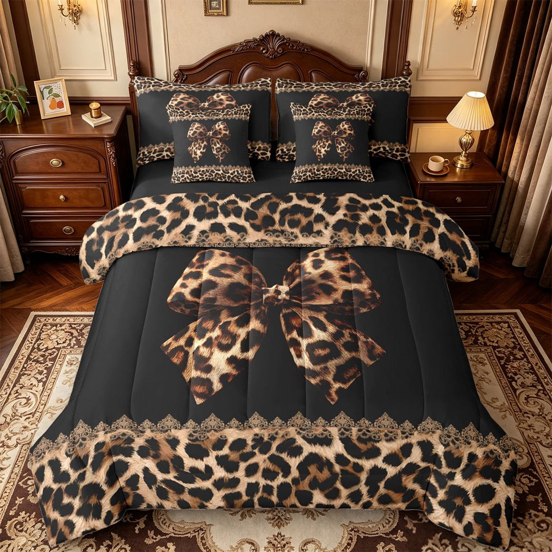Manfei Coquette Bowknot 7 Pieces Full Size Bedding Sets,Western Cheetah Print Full Size Bed in a Bag,Black Reversible