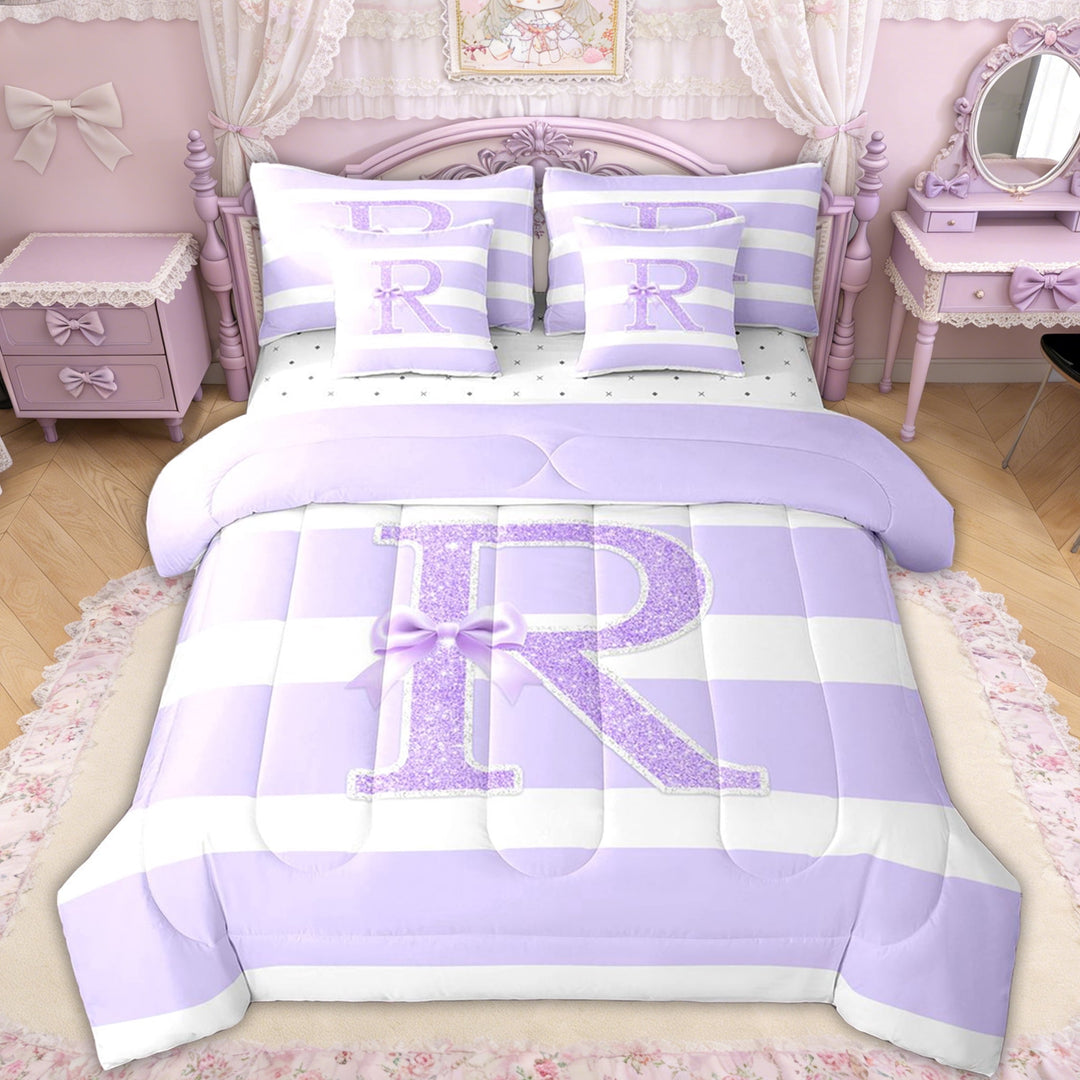 Erosebridal Glitter Print Letter R Twin Bedding Sets for Girls, Purple Princess Bow Bedding Comforter Set for Women, Reversible, 7pcs
