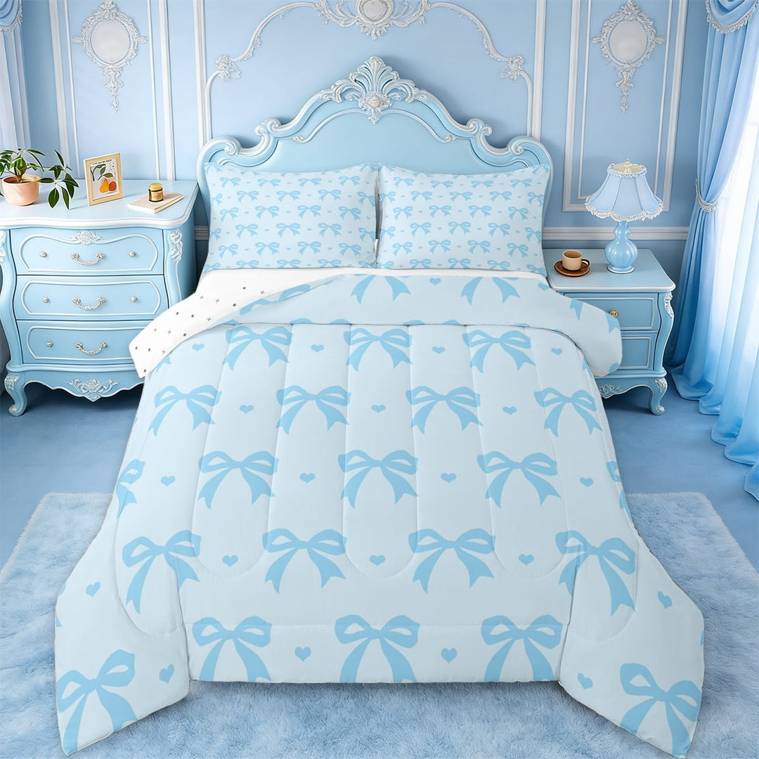 Manfei Dreamy Blue Bow Bedding Comforter Set,Lovely Loves Pattern Twin Comforter Sets,Girl Bowtie Bedding Set For Children,Breathable Home Decor Reversible,2 Pieces