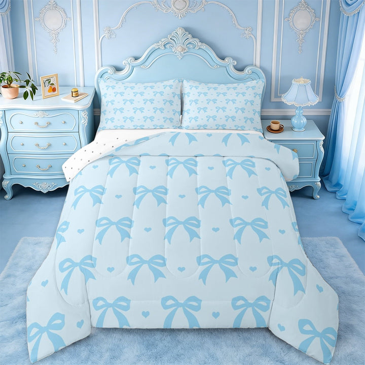 Manfei Dreamy Blue Bow Bedding Comforter Set,Lovely Loves Pattern Twin Comforter Sets,Girl Bowtie Bedding Set For Children,Breathable Home Decor Reversible,2 Pieces