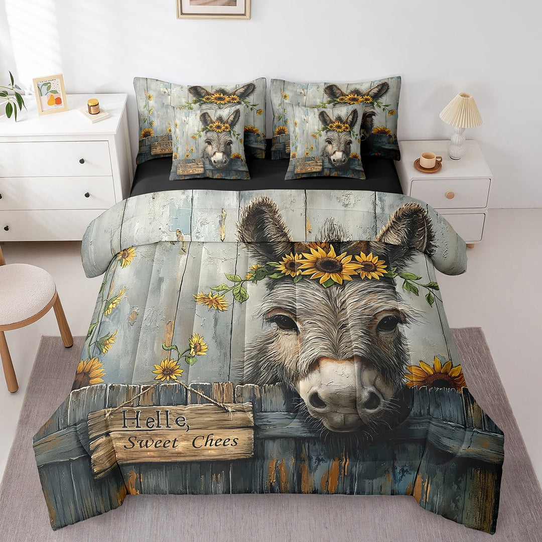 Cute Donkey Bedding 7 Piece Wild Animal Donkey Bed in a Bag Queen Size Rustic Farmhouse Bedding Set with Comforter Sunflowers Bed Set Western Farmstyle Sheet Set