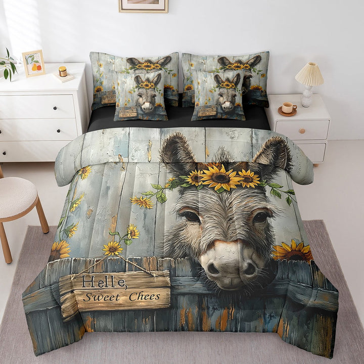 Cute Donkey Bedding 7 Piece Wild Animal Donkey Bed in a Bag Queen Size Rustic Farmhouse Bedding Set with Comforter Sunflowers Bed Set Western Farmstyle Sheet Set
