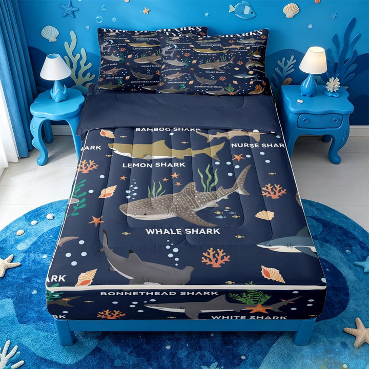 meiyoeat Watercolor Ocean Coral Zipper Full Size Comforter Sets with Fitted Sheet and 2 Pillowcases For Boys,Cute Sea Animal Shark Zipper Bedding Set For Kids,Navy Blue Reversible,4 Pieces