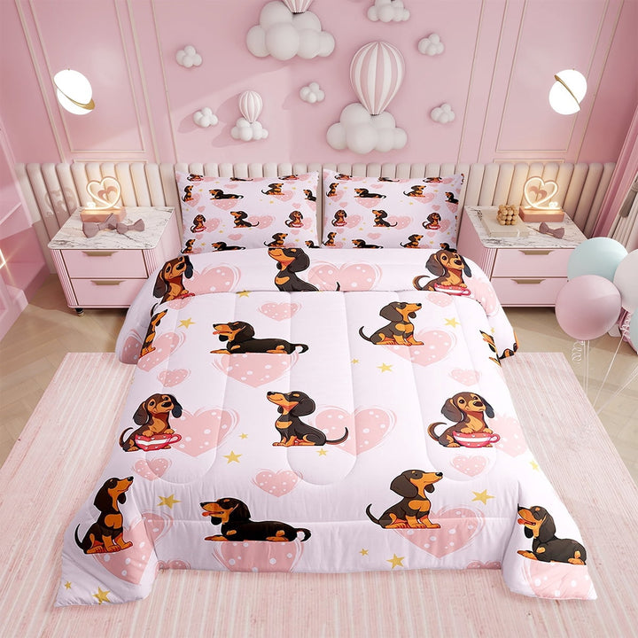 Erosebridal Dachshund Comforter Set,Cute Dog Bedding Set Twin,Cartoon Puppy Reversible Duvet Insert,Pink Love Heart Quilt with 1 Pillowcase for Bedroom