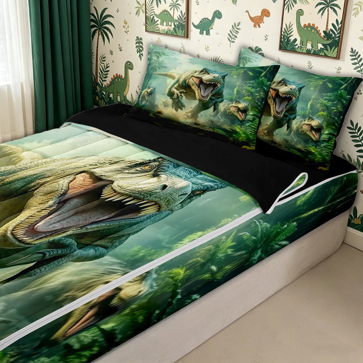 meiyoeat Dinosaur Animals Zipper Full Size Comforter Sets with Fitted Sheet and 2 Pillowcases for Kids Boys, Jungle Scene Zipper Bedding Set for Bedroom, Green, Black ReversibleB