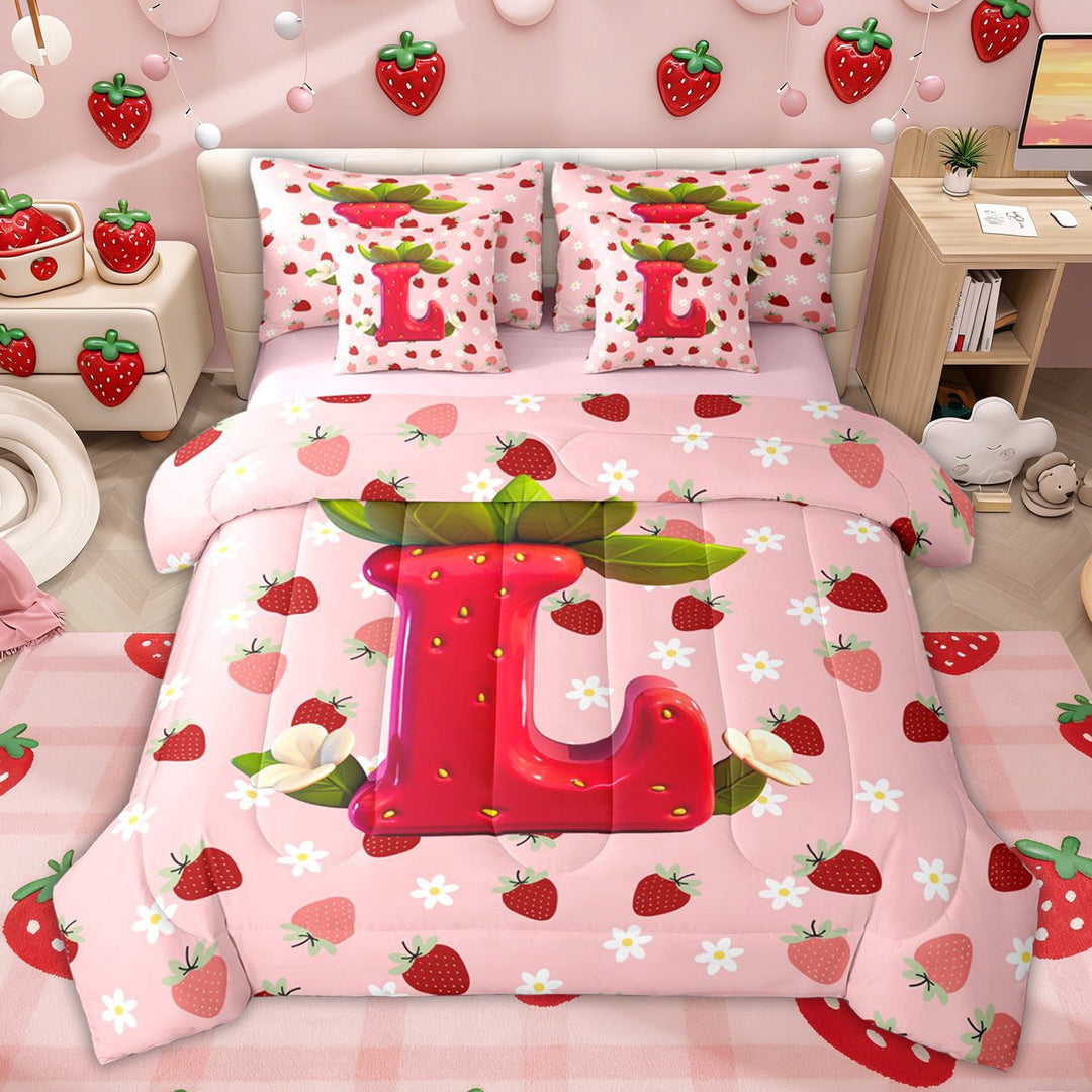 Erosebridal Pink Floral Strawberry Twin Bedding Sets for Kids, Girls Princess Letter L Bedding Comforter Set, Pink Reversible, 7 Pieces
