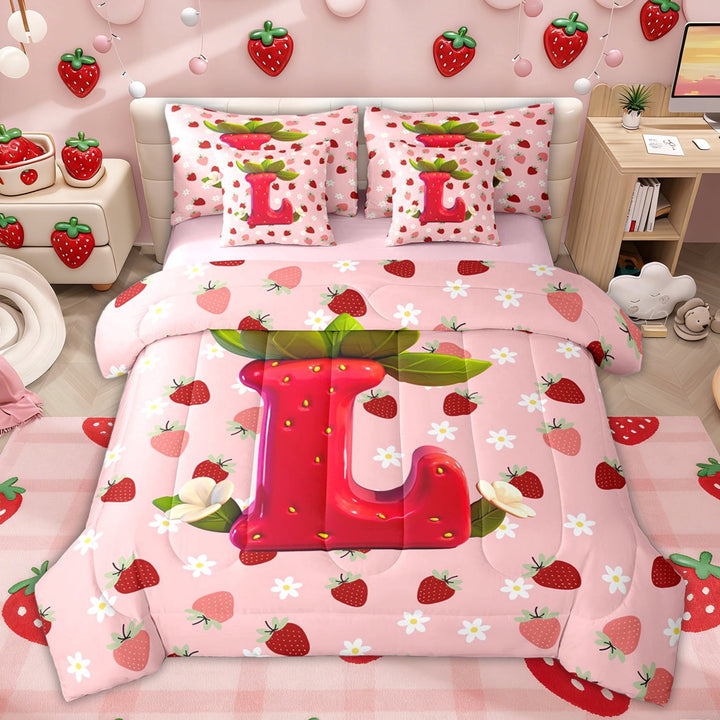 Erosebridal Pink Floral Strawberry Twin Bedding Sets for Kids, Girls Princess Letter L Bedding Comforter Set, Pink Reversible, 7 Pieces